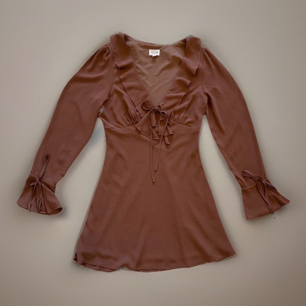 Le Lis Size Small Brown Ruffle Chiffon Mini Dress V-Neck Long Sleeve Lined